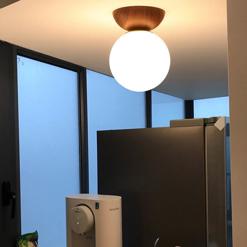 Nordic Wood Glass Globe 1-Light Ceiling Light