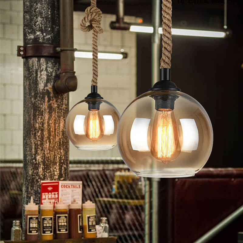 Retro Hemp Rope Glass Globe Pendant Light 1-light
