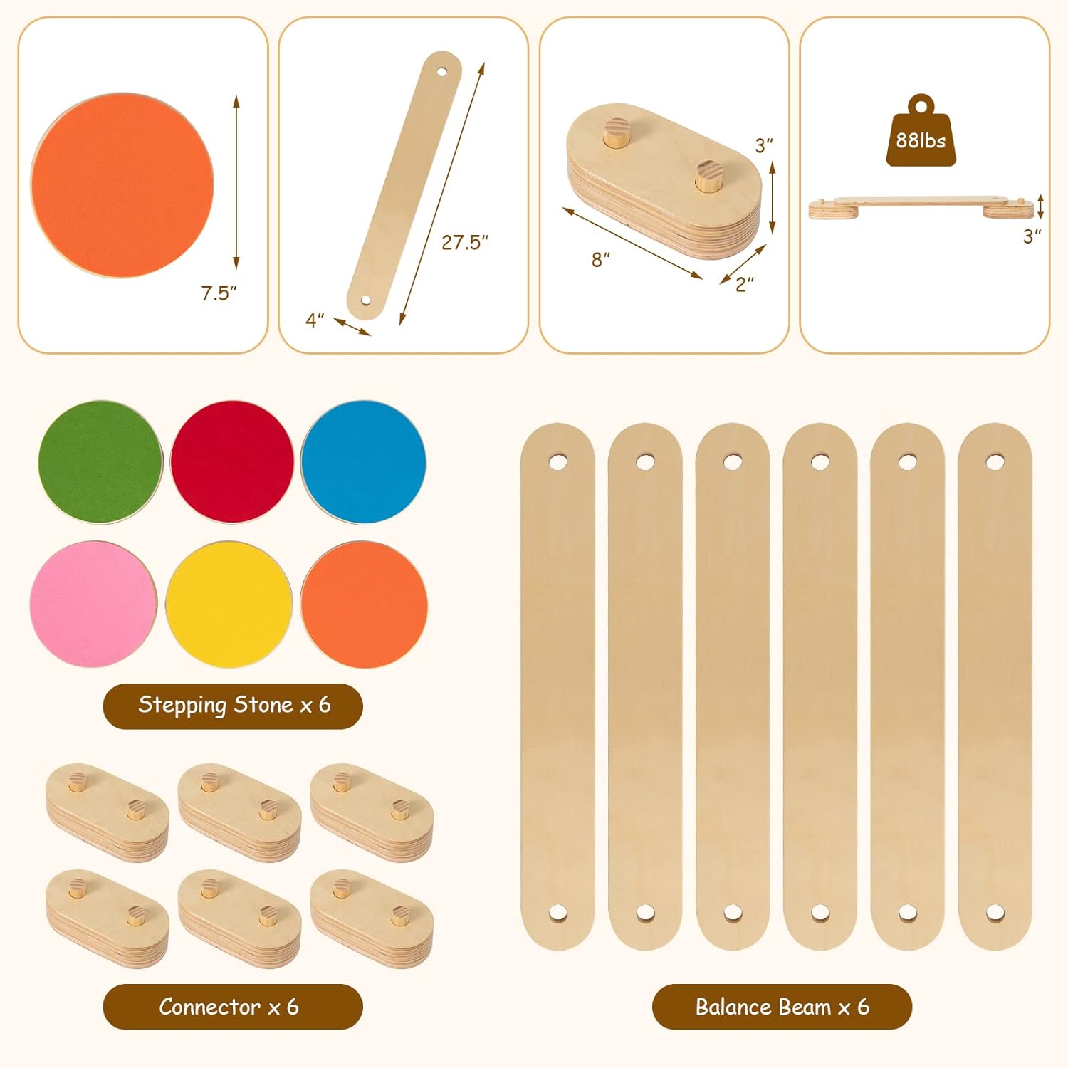 Set di travi di equilibrio in legno Montessori con pietre per camminare