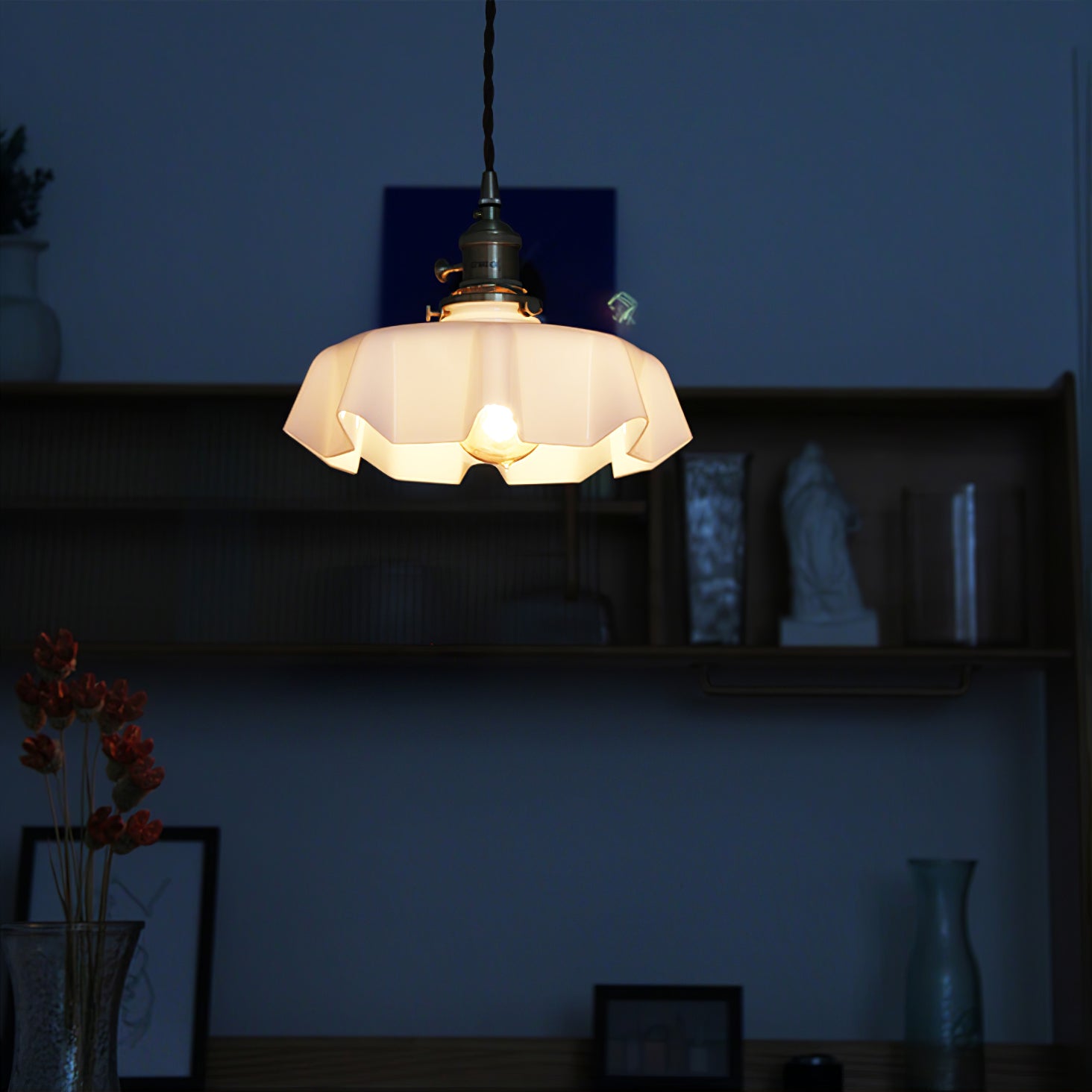 French Ruffled Glass Brass Pendant Light 1-Light