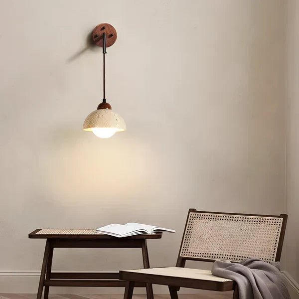 Modern Travertine & Wood Hanging Wall Sconce LED 1-Light
