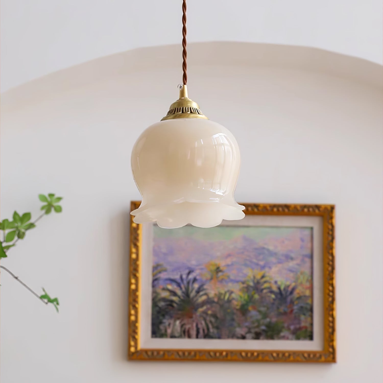 Vintage Brass Petal Glass Pendant Light 1-Light