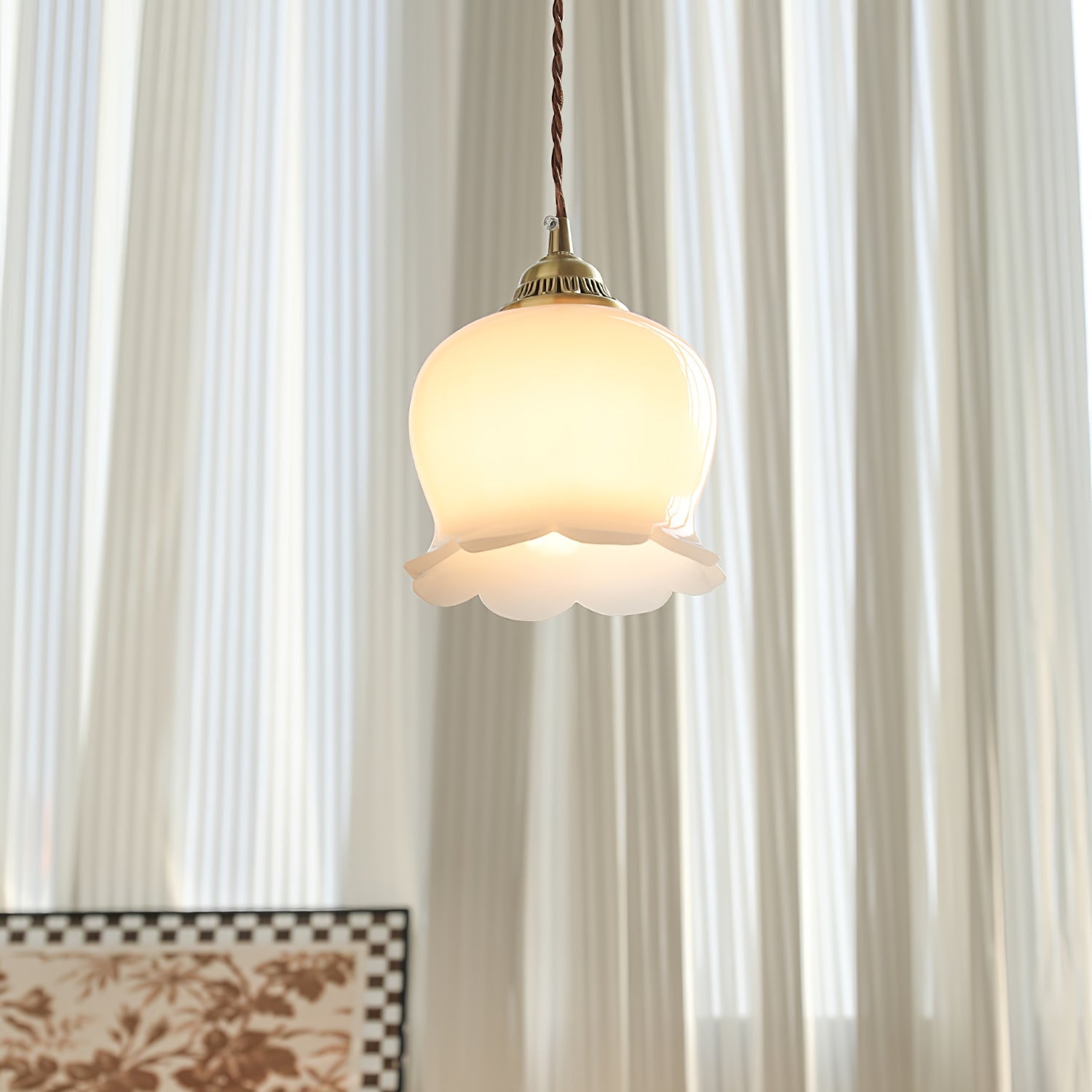 Vintage Brass Petal Glass Pendant Light 1-Light