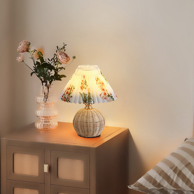 Nordic Rattan Pleated Fabric Conic LED Table Lamp 1-Light