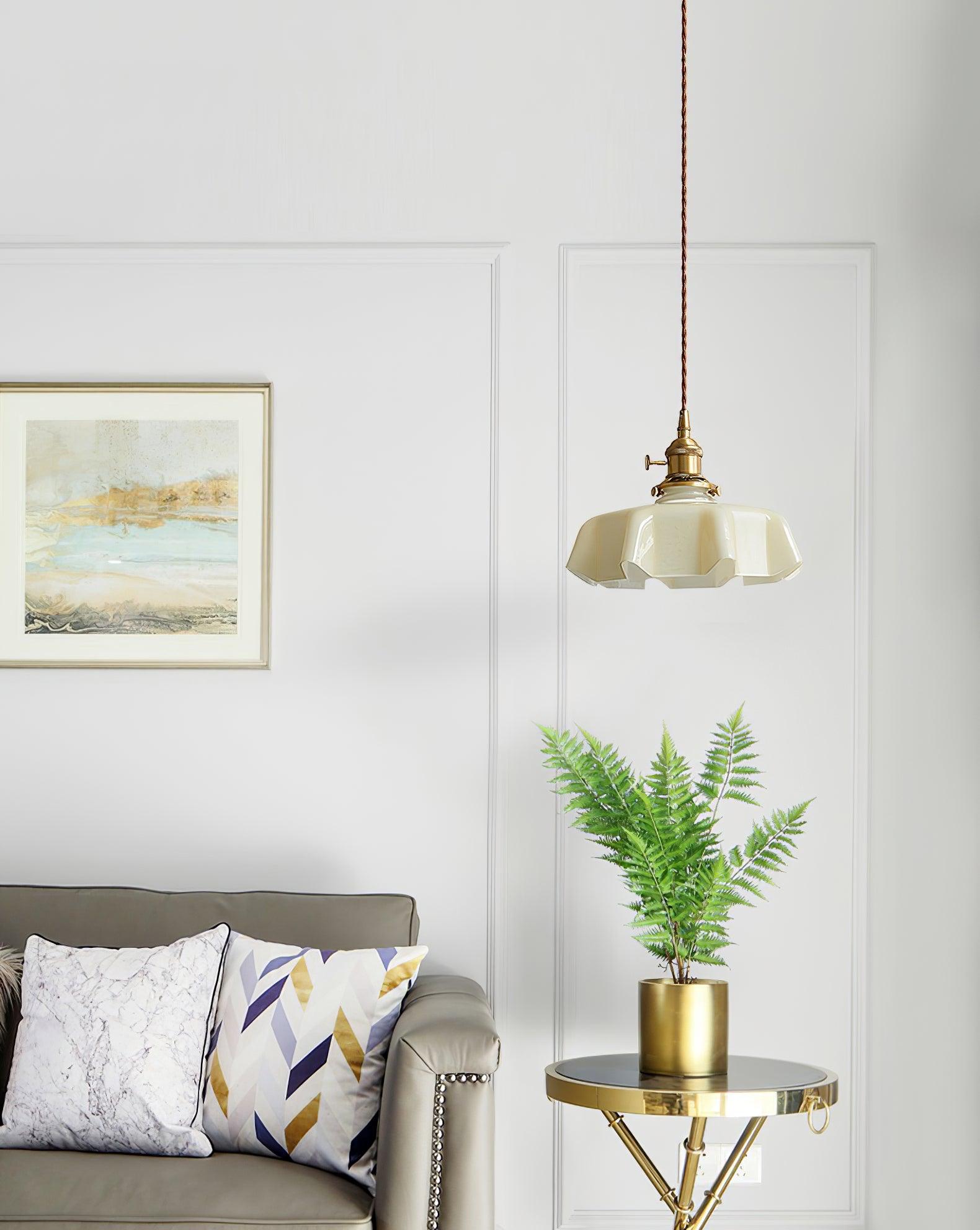 French Ruffled Glass Brass Pendant Light 1-Light