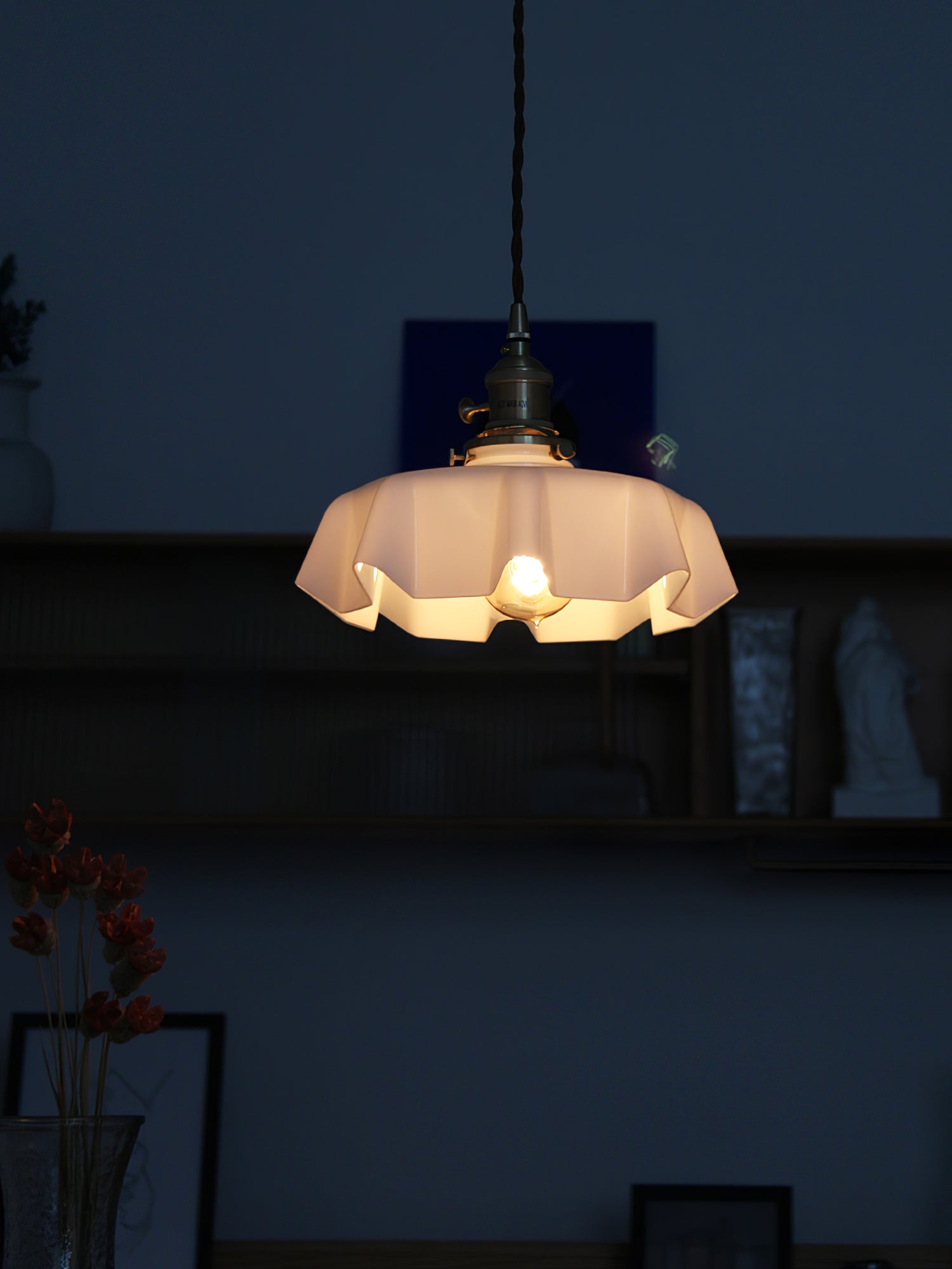 French Ruffled Glass Brass Pendant Light 1-Light