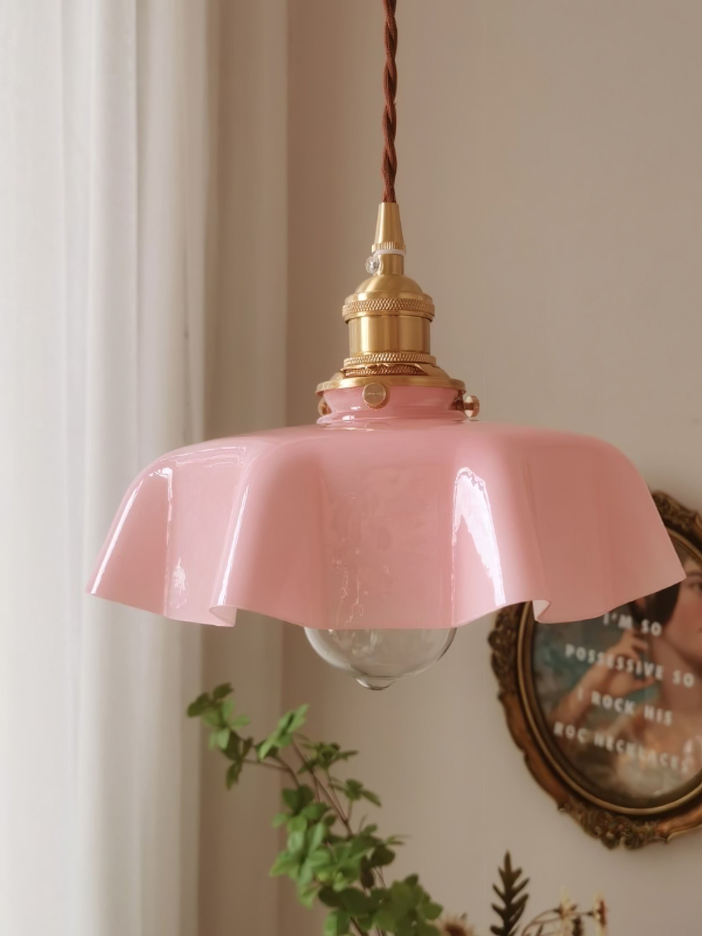 French Ruffled Glass Brass Pendant Light 1-Light
