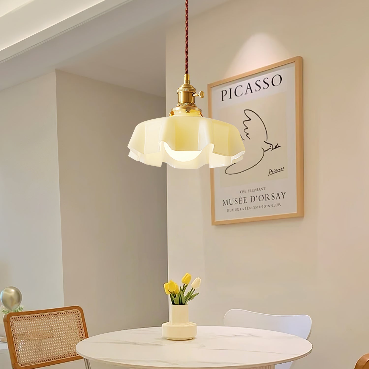 French Ruffled Glass Brass Pendant Light 1-Light