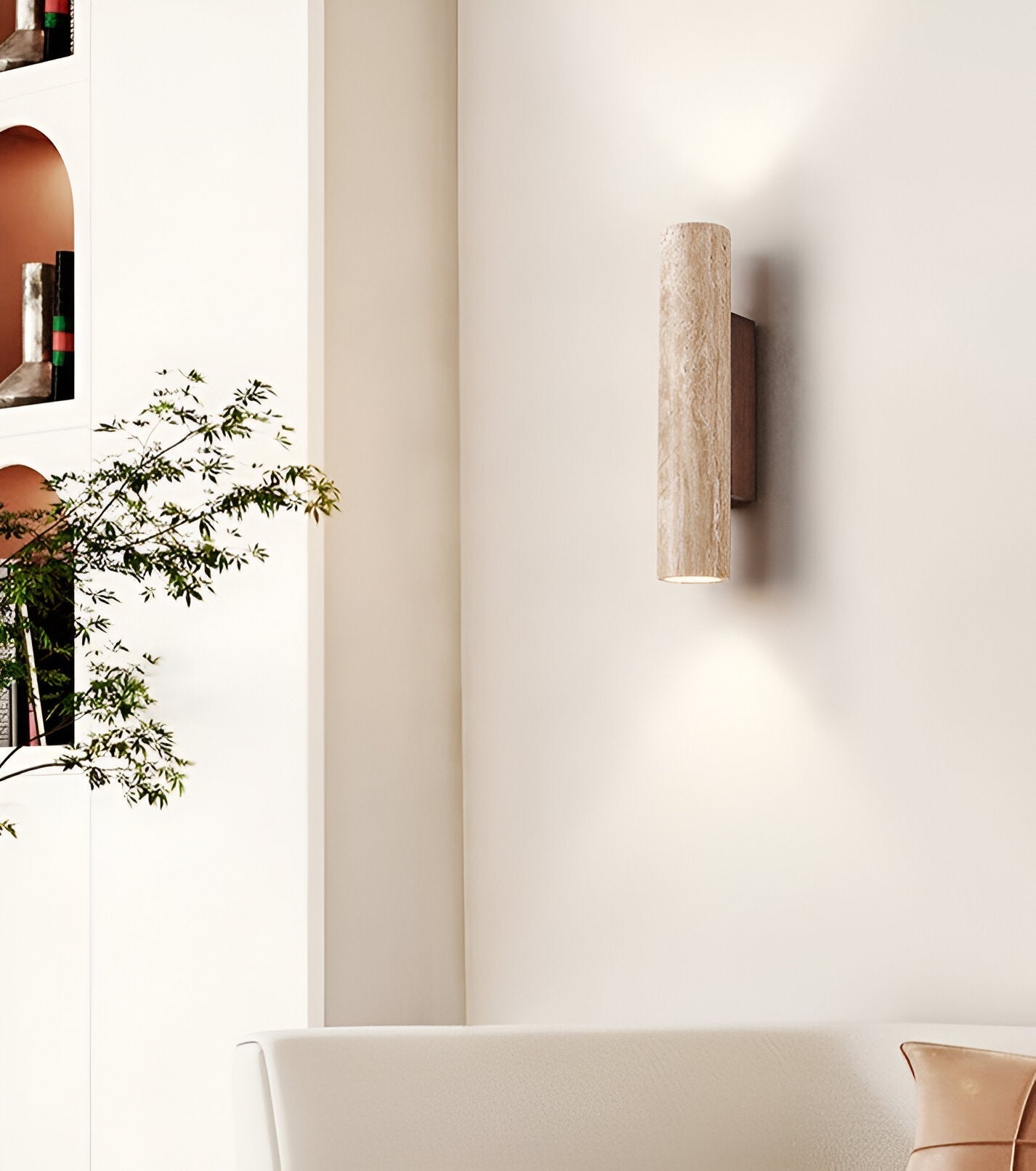 Japandi Travertine Wood Cylinder Wall Sconce LED 1-light