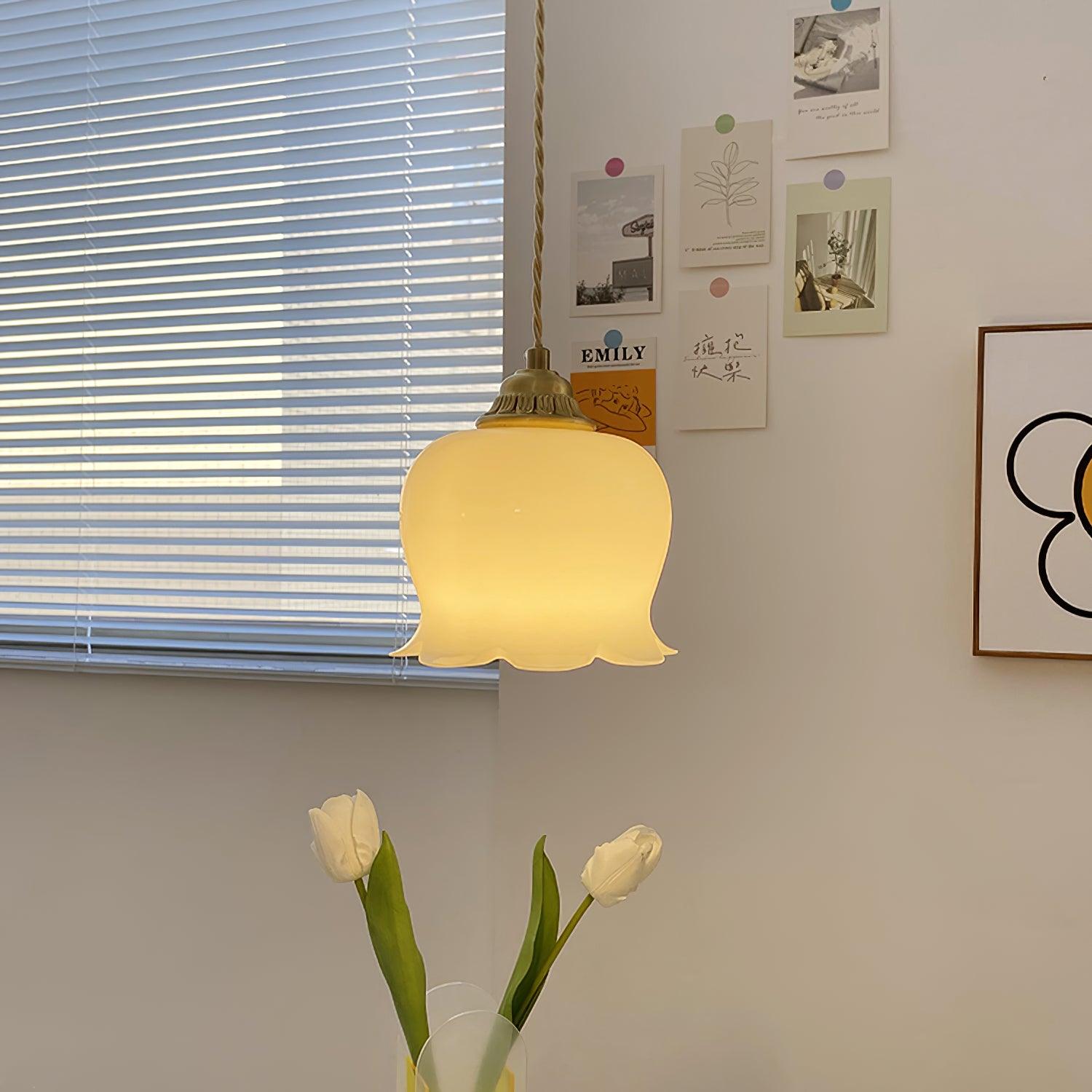 Vintage Brass Petal Glass Pendant Light 1-Light